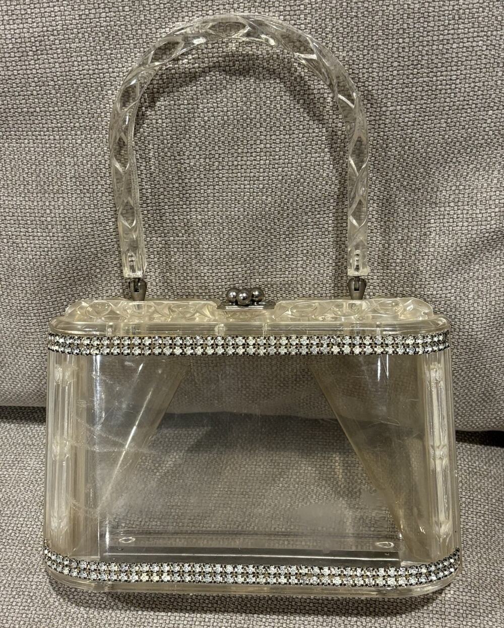 Vintage 50s-60s Clear Lucite Box Purse Rhinestone MCM Cocktail Evening Bag